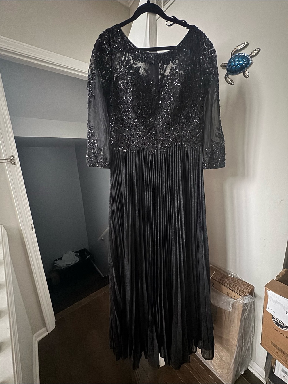 Elegant Black Sequin & Pleated Evening Dress